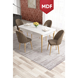 Elf Serisi 80x132 Mdf Beyaz Masa Doğal Ahşap Ayak Beyaz Kafesli 4 Kahve Sandalye Gold Halkalı