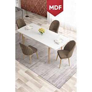 Elf Serisi 80x132 Mdf Beyaz Masa Doğal Ahşap Ayak Beyaz Kafesli 4 Kahve Sandalye Gold Halkalı