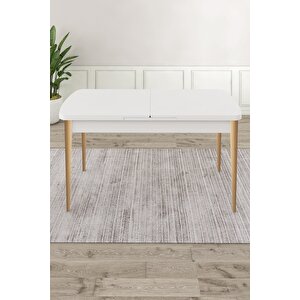 Elf Serisi 80x132 Mdf Beyaz Masa Doğal Ahşap Ayak Beyaz Kafesli 4 Kahve Sandalye Gold Halkalı