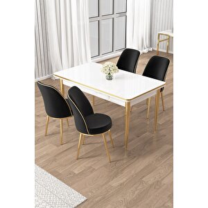 Rewa Serisi 70x110 Sabit Beyaz Gold Detay Masa Takımı Ve 4 Siyah Sandalye