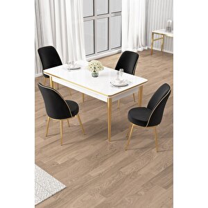 Rewa Serisi 70x110 Sabit Beyaz Gold Detay Masa Takımı Ve 4 Siyah Sandalye
