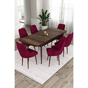 Ram Serisi 80x132 Açılabilir Mutfak Masası Takımı Barok Desen Masa 6 Mürdüm Sandalye