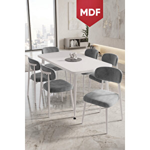 Runes Serisi Mdf Sabit 80x130 Beyaz Mutfak Masası Takımı 6 Gri Sandalye