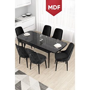 Taç Serisi 80x132 Mdf Açılabilir Mutfak Masası Takımı Siyah Mermer Desen Masa 6 Siyah Sandalye