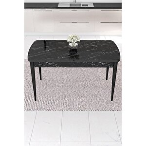 Taç Serisi 80x132 Mdf Açılabilir Mutfak Masası Takımı Siyah Mermer Desen Masa 6 Siyah Sandalye