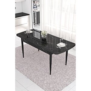 Taç Serisi 80x132 Mdf Açılabilir Mutfak Masası Takımı Siyah Mermer Desen Masa 6 Siyah Sandalye