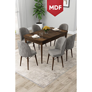Rut Serisi Açılabilir Mdf 80x132 Barok Ahşap Desen Mutfak Masası Takımı Ve 6 Gri Sandalye