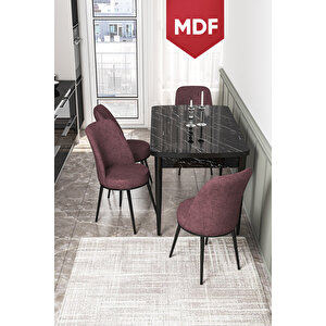 Kor Serisi, 70x114 Mdf Açılabilir Masa Takımı, Siyah Mermer Desen Masa, 4 Gülkurusu Sandalye