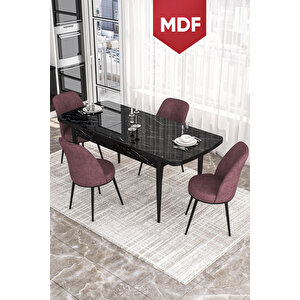 Kor Serisi, 70x114 Mdf Açılabilir Masa Takımı, Siyah Mermer Desen Masa, 4 Gülkurusu Sandalye