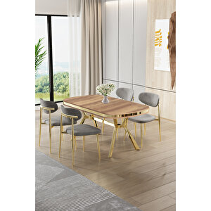 Olya Serisi 90x168 Mdf Sabit Lak Panel Hazar Masa Takımı Gold Ayaklı 4 Gri Sandalye