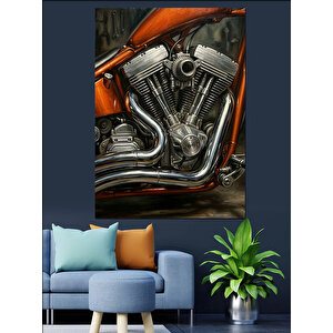 Krom Detaylı Güçlü Motosiklet Motoru Dekoratif Kanvas - Mdf Ahşap Tablo 70x100 cm