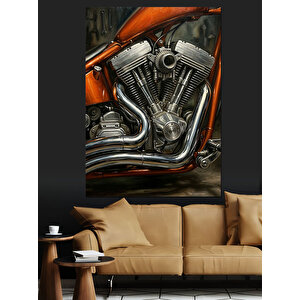 Krom Detaylı Güçlü Motosiklet Motoru Dekoratif Kanvas - Mdf Ahşap Tablo 70x100 cm
