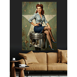Vintage Motor Parçası Üstünde Kadın Dekoratif Kanvas - Mdf Ahşap Tablo 50x70 cm