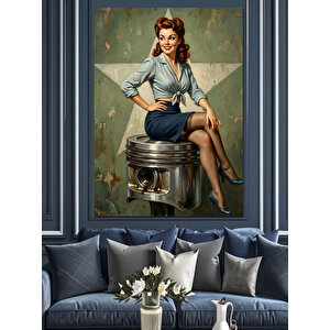 Vintage Motor Parçası Üstünde Kadın Dekoratif Kanvas - Mdf Ahşap Tablo 50x70 cm