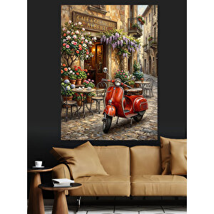 Kırmızı Motor Ve Kafe Dekoratif Kanvas - Mdf Ahşap Tablo 100x140 cm