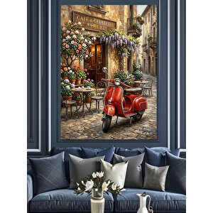 Kırmızı Motor Ve Kafe Dekoratif Kanvas - Mdf Ahşap Tablo 100x140 cm