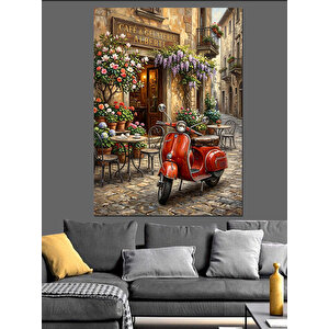 Kırmızı Motor Ve Kafe Dekoratif Kanvas - Mdf Ahşap Tablo 100x140 cm