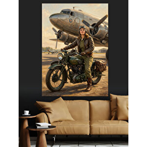 Uçak Yanında Motorlu Klasik Pilot Dekoratif Kanvas - Mdf Ahşap Tablo 100x140 cm
