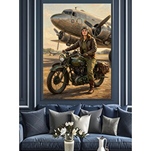Uçak Yanında Motorlu Klasik Pilot Dekoratif Kanvas - Mdf Ahşap Tablo 100x140 cm