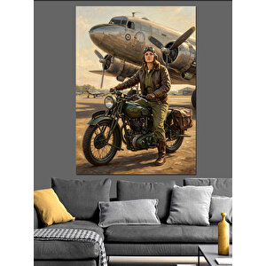 Uçak Yanında Motorlu Klasik Pilot Dekoratif Kanvas - Mdf Ahşap Tablo 100x140 cm
