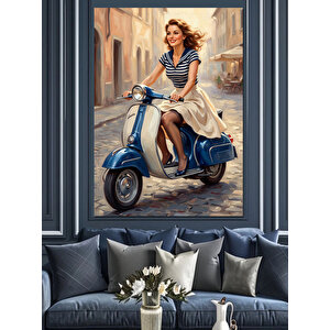 Mavi Motoruyla İlerleyen Şık Kadın Dekoratif Kanvas - Mdf Ahşap Tablo 70x100 cm