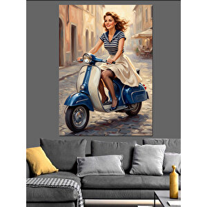 Mavi Motoruyla İlerleyen Şık Kadın Dekoratif Kanvas - Mdf Ahşap Tablo 70x100 cm