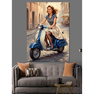 Mavi Motoruyla İlerleyen Şık Kadın Dekoratif Kanvas - Mdf Ahşap Tablo 70x100 cm