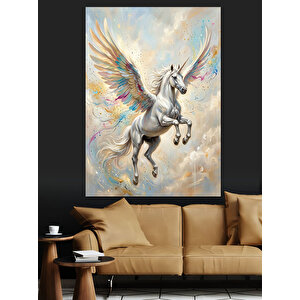 Kanatlı Uçan Beyaz At Dekoratif Kanvas - Mdf Ahşap Tablo 100x140 cm