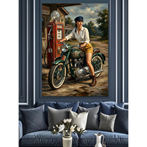 Motorcu Kadın Ve Klasik Motosiklet Dekoratif Kanvas - Mdf Ahşap Tablo 50x70 cm