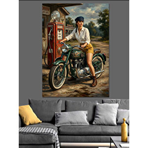 Motorcu Kadın Ve Klasik Motosiklet Dekoratif Kanvas - Mdf Ahşap Tablo 50x70 cm