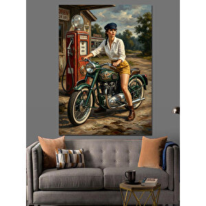Motorcu Kadın Ve Klasik Motosiklet Dekoratif Kanvas - Mdf Ahşap Tablo 50x70 cm