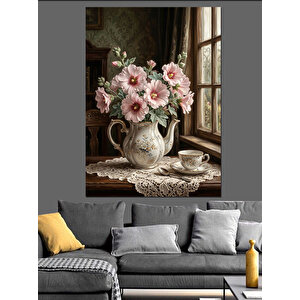 Pencere Önünde Gül Buketi Dekoratif Kanvas - Mdf Ahşap Tablo 100x140 cm