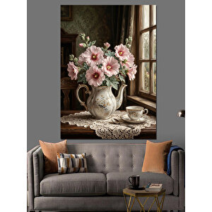 Pencere Önünde Gül Buketi Dekoratif Kanvas - Mdf Ahşap Tablo 100x140 cm