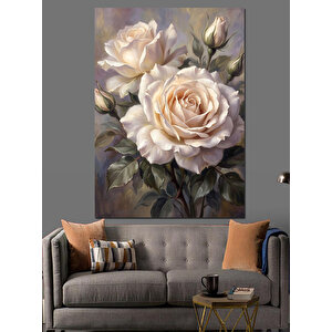 İki Büyük Beyaz Gül Dekoratif Kanvas - Mdf Ahşap Tablo 100x140 cm