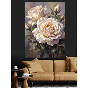 İki Büyük Beyaz Gül Dekoratif Kanvas - Mdf Ahşap Tablo 100x140 cm