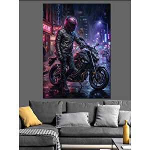 Neon Işıklı Motorcu Ve Şehir Dekoratif Kanvas - Mdf Ahşap Tablo 100x140 cm