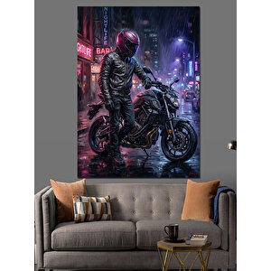 Neon Işıklı Motorcu Ve Şehir Dekoratif Kanvas - Mdf Ahşap Tablo 100x140 cm