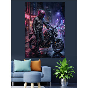Neon Işıklı Motorcu Ve Şehir Dekoratif Kanvas - Mdf Ahşap Tablo 100x140 cm