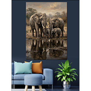 Su Yansımasında Fil Ailesi Dekoratif Kanvas - Mdf Ahşap Tablo 100x140 cm