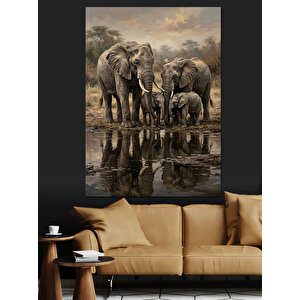 Su Yansımasında Fil Ailesi Dekoratif Kanvas - Mdf Ahşap Tablo 100x140 cm