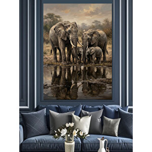 Su Yansımasında Fil Ailesi Dekoratif Kanvas - Mdf Ahşap Tablo 100x140 cm