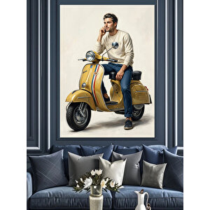 Sarı Motoruyla Tarz Sahibi Adam Dekoratif Kanvas - Mdf Ahşap Tablo 70x100 cm