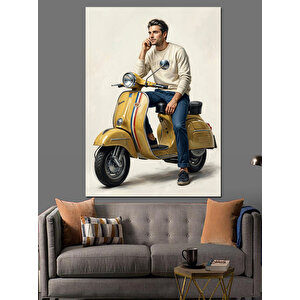Sarı Motoruyla Tarz Sahibi Adam Dekoratif Kanvas - Mdf Ahşap Tablo 70x100 cm