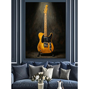 Siyah Arka Planda Sarı Gitar Dekoratif Kanvas - Mdf Ahşap Tablo 50x70 cm