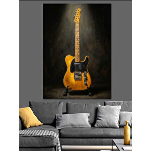 Siyah Arka Planda Sarı Gitar Dekoratif Kanvas - Mdf Ahşap Tablo 50x70 cm