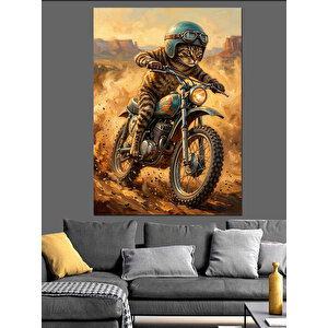 Çöldeki  Motosikli Kedi Dekoratif Kanvas - Mdf Ahşap Tablo 50x70 cm