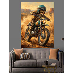 Çöldeki  Motosikli Kedi Dekoratif Kanvas - Mdf Ahşap Tablo 50x70 cm