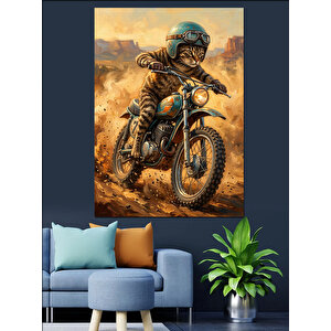 Çöldeki  Motosikli Kedi Dekoratif Kanvas - Mdf Ahşap Tablo 50x70 cm