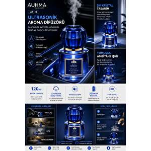 Auhma Af-13 120ml Şarjlı Ultrasonik Araç Koku Difüzörü Mavi Ambiyans Işıklı Forest Esans Aroma Yayıcı