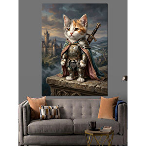 Zırhlı Savaşçı Kedi Şövalye Karakteri Dekoratif Kanvas - Mdf Ahşap Tablo 70x100 cm